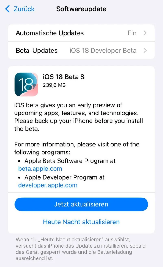 龙江苹果手机维修分享苹果 iOS / iPadOS 18 开发者预览版 Beta 8 发布 